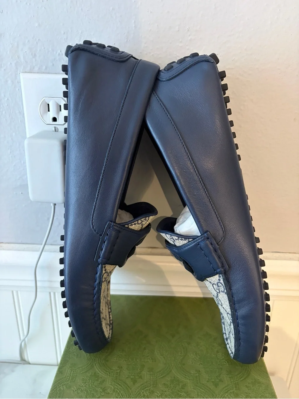Gucci Navy Blue GG Canvas Leather Drivers
